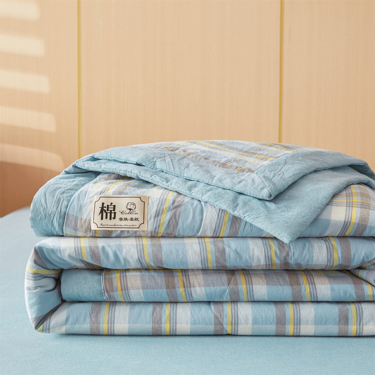 91家纺网 家纺一手货源 找家纺 招财星 2026新款国标无印风纯色100%新疆棉夏被夏凉被空调被棉花夏被棉花被子被芯爆款（含质检报告买家秀包检测） 格韵蓝灰