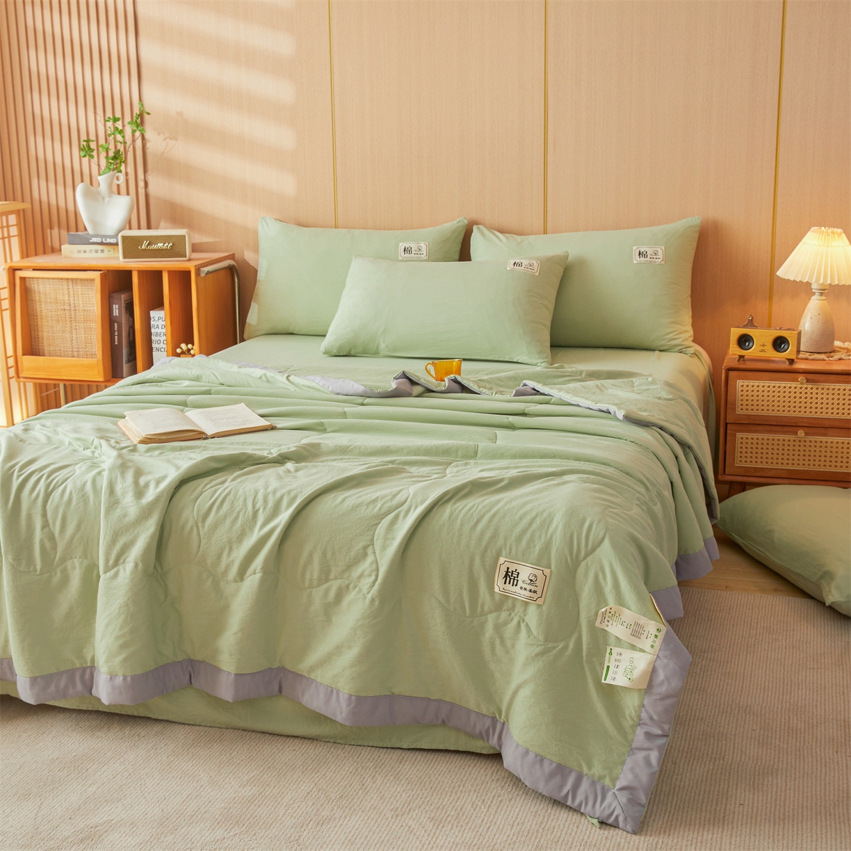 91家纺网 家纺一手货源 找家纺 招财星 2026新款国标无印风纯色100%新疆棉夏被夏凉被空调被棉花夏被棉花被子被芯爆款（含质检报告买家秀包检测） 果绿色