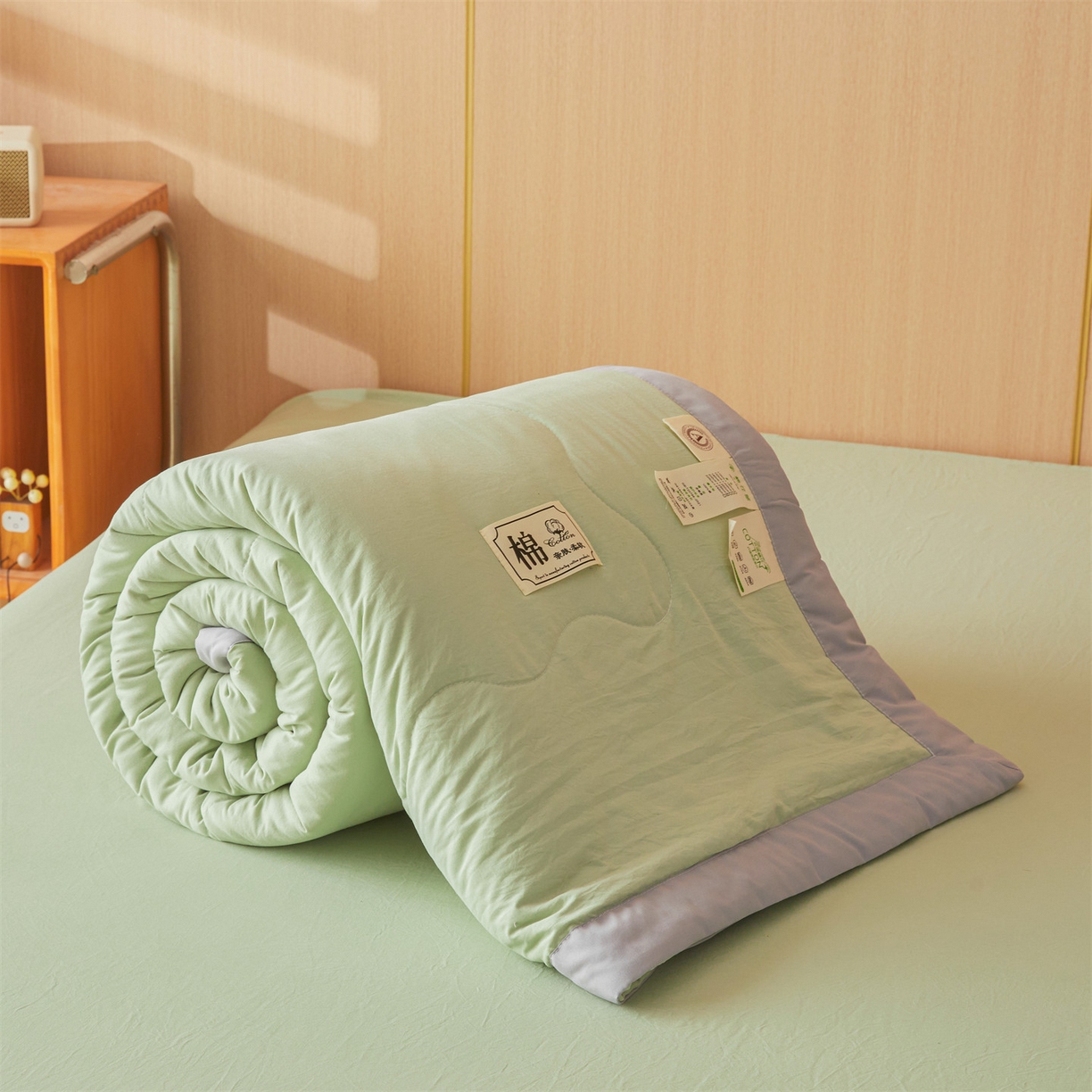 91家纺网 家纺一手货源 找家纺 招财星 2026新款国标无印风纯色100%新疆棉夏被夏凉被空调被棉花夏被棉花被子被芯爆款（含质检报告买家秀包检测） 果绿色