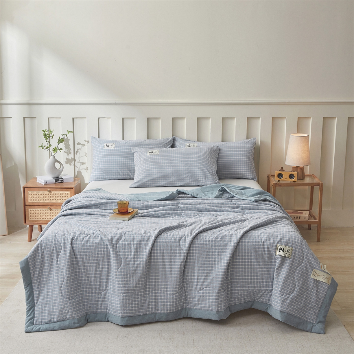 招财星 2026新款国标无印风纯色100%新疆棉夏被夏凉被空调被棉花夏被棉花被子被芯爆款（含质检报告买家秀包检测） 海蓝小格