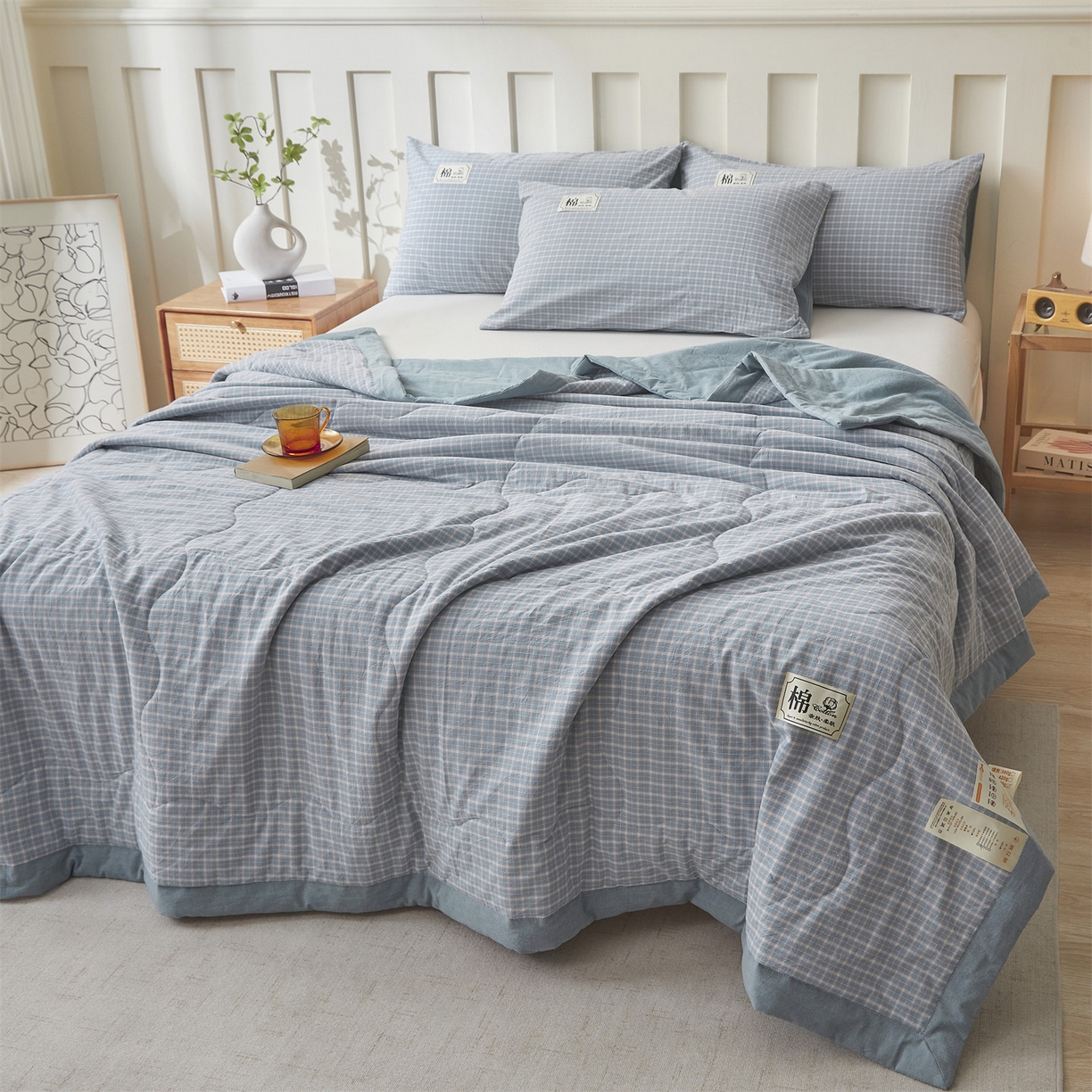 91家纺网 家纺一手货源 找家纺 招财星 2026新款国标无印风纯色100%新疆棉夏被夏凉被空调被棉花夏被棉花被子被芯爆款（含质检报告买家秀包检测） 海蓝小格