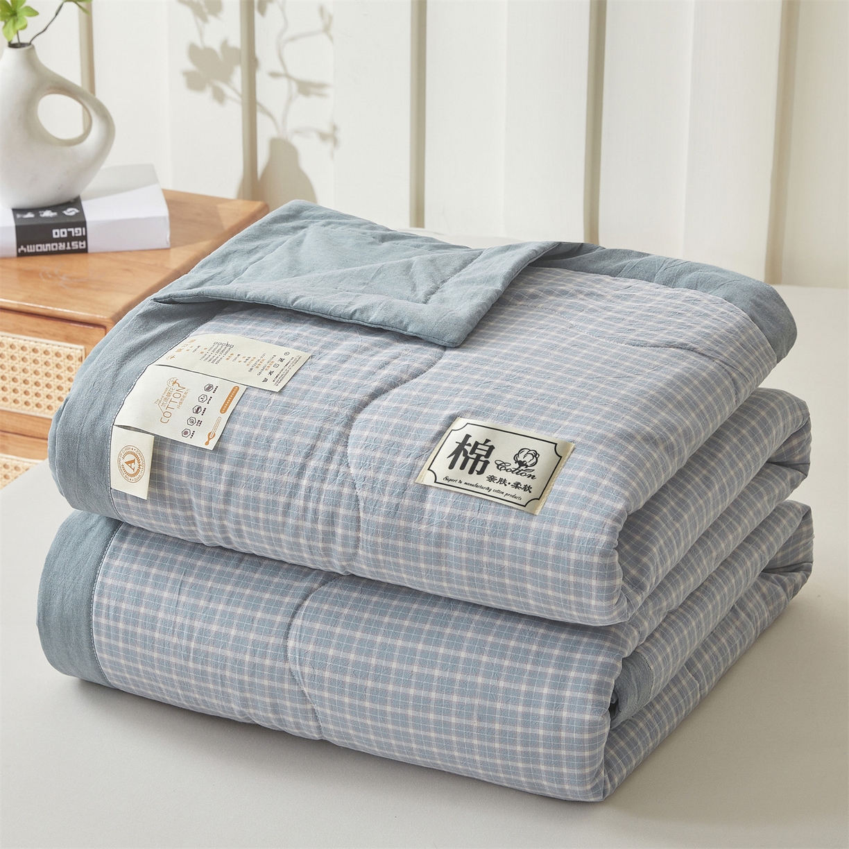 91家纺网 家纺一手货源 找家纺 招财星 2026新款国标无印风纯色100%新疆棉夏被夏凉被空调被棉花夏被棉花被子被芯爆款（含质检报告买家秀包检测） 海蓝小格
