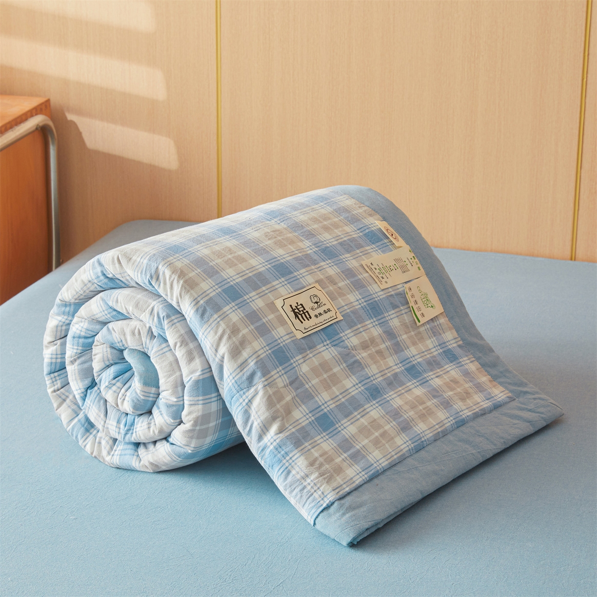 91家纺网 家纺一手货源 找家纺 招财星 2026新款国标无印风纯色100%新疆棉夏被夏凉被空调被棉花夏被棉花被子被芯爆款（含质检报告买家秀包检测） 蓝黄格