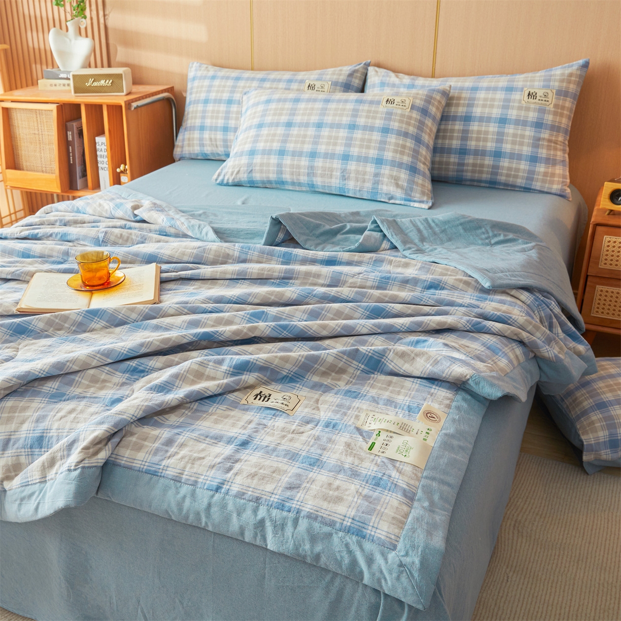 91家纺网 家纺一手货源 找家纺 招财星 2026新款国标无印风纯色100%新疆棉夏被夏凉被空调被棉花夏被棉花被子被芯爆款（含质检报告买家秀包检测） 蓝黄格