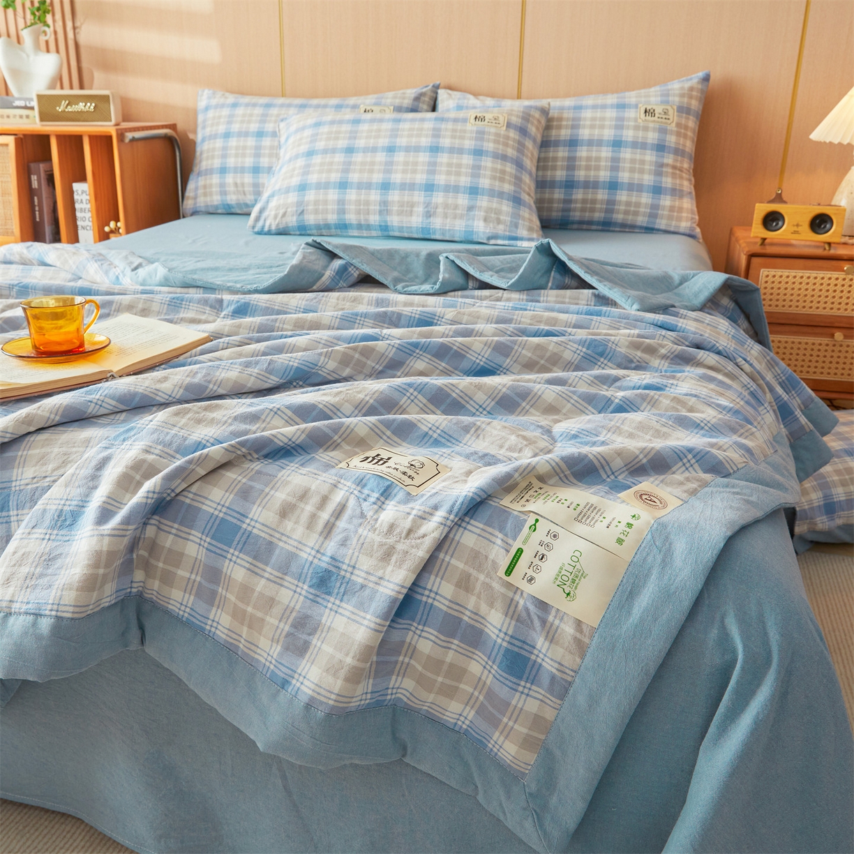 91家纺网 家纺一手货源 找家纺 招财星 2026新款国标无印风纯色100%新疆棉夏被夏凉被空调被棉花夏被棉花被子被芯爆款（含质检报告买家秀包检测） 蓝黄格