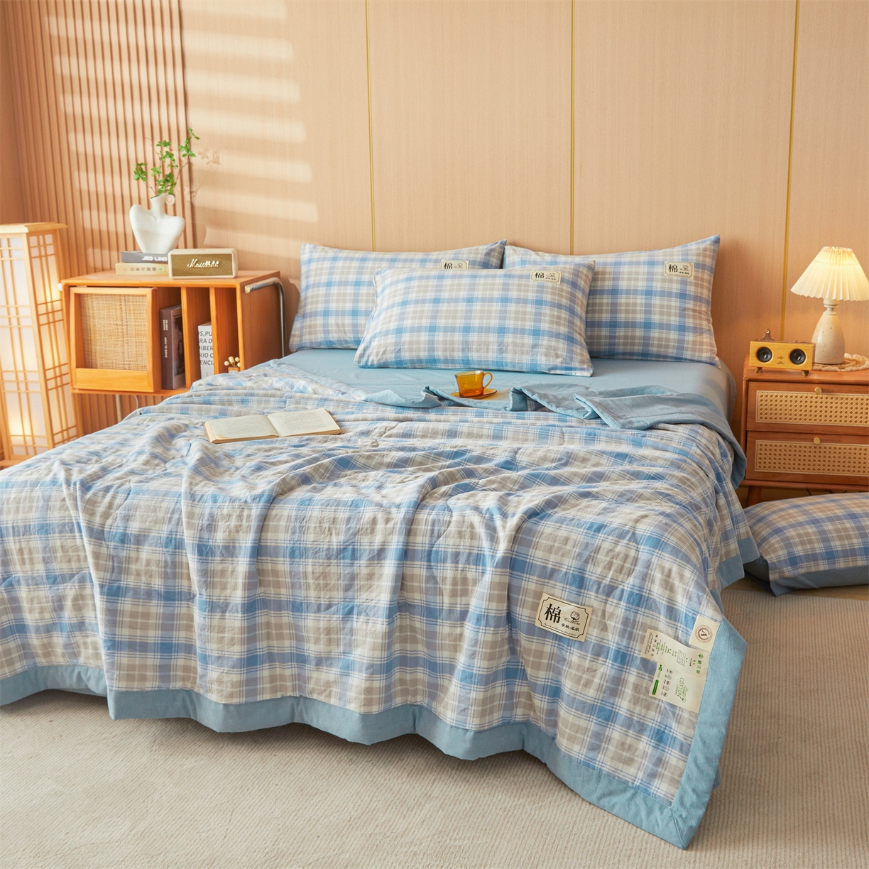 91家纺网 家纺一手货源 找家纺 招财星 2026新款国标无印风纯色100%新疆棉夏被夏凉被空调被棉花夏被棉花被子被芯爆款（含质检报告买家秀包检测） 蓝黄格