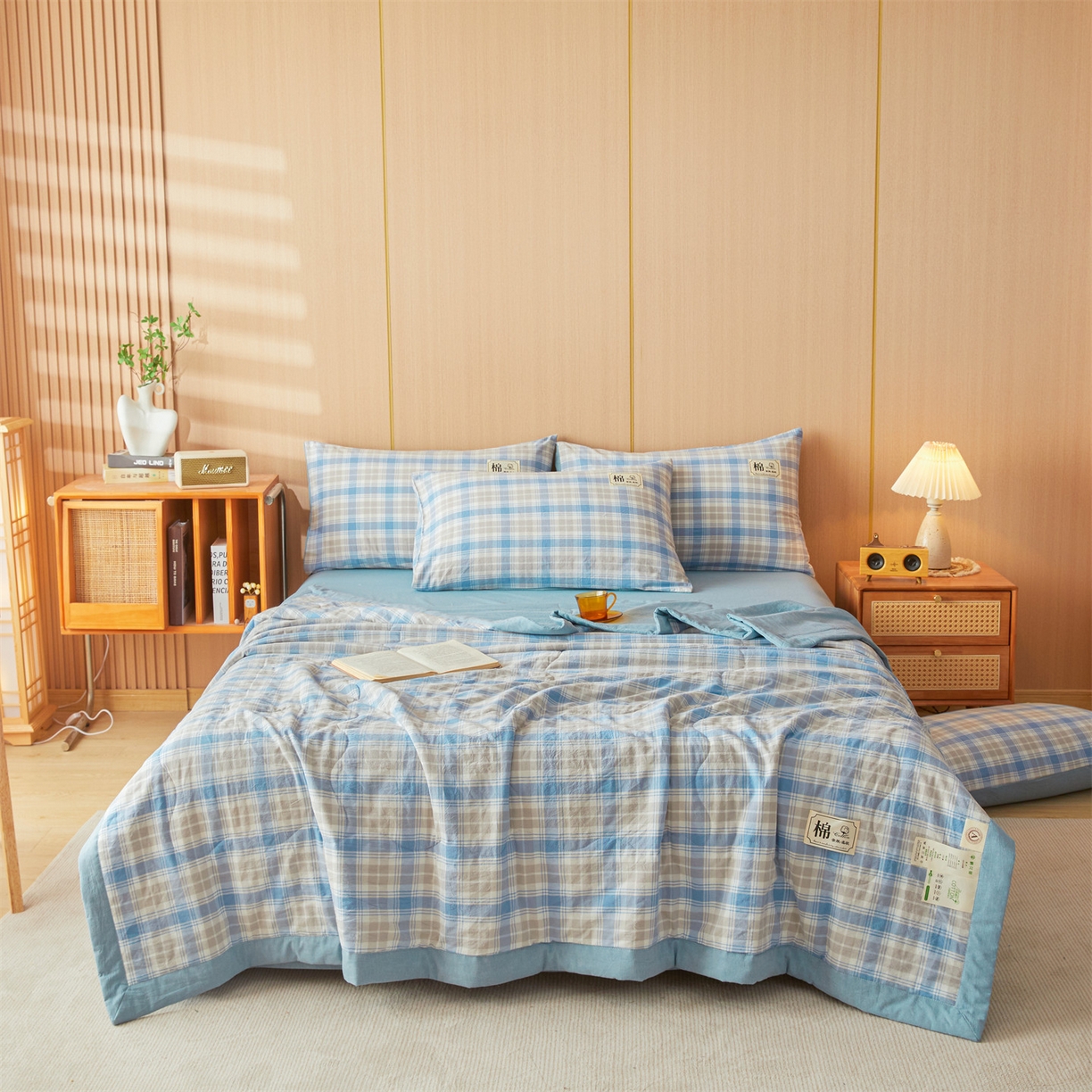 招财星 2026新款国标无印风纯色100%新疆棉夏被夏凉被空调被棉花夏被棉花被子被芯爆款（含质检报告买家秀包检测） 蓝黄格