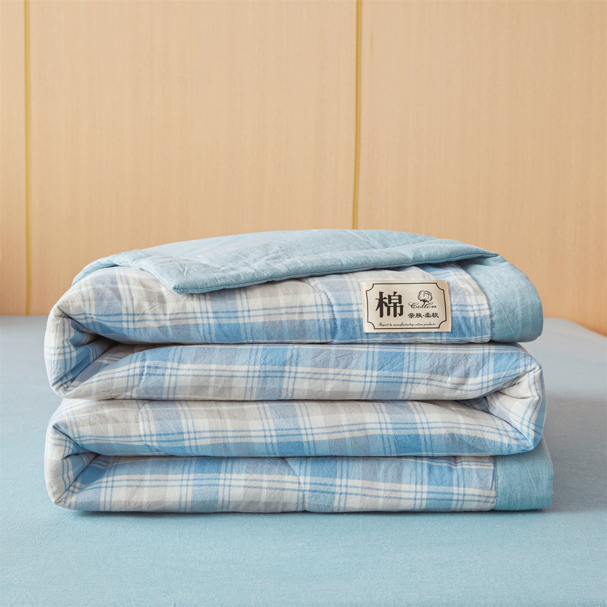 91家纺网 家纺一手货源 找家纺 招财星 2026新款国标无印风纯色100%新疆棉夏被夏凉被空调被棉花夏被棉花被子被芯爆款（含质检报告买家秀包检测） 蓝黄格
