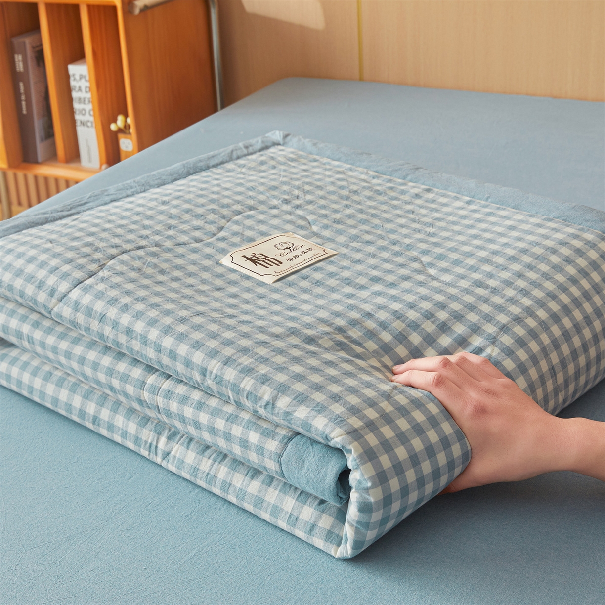 91家纺网 家纺一手货源 找家纺 招财星 2026新款国标无印风纯色100%新疆棉夏被夏凉被空调被棉花夏被棉花被子被芯爆款（含质检报告买家秀包检测） 蓝小格