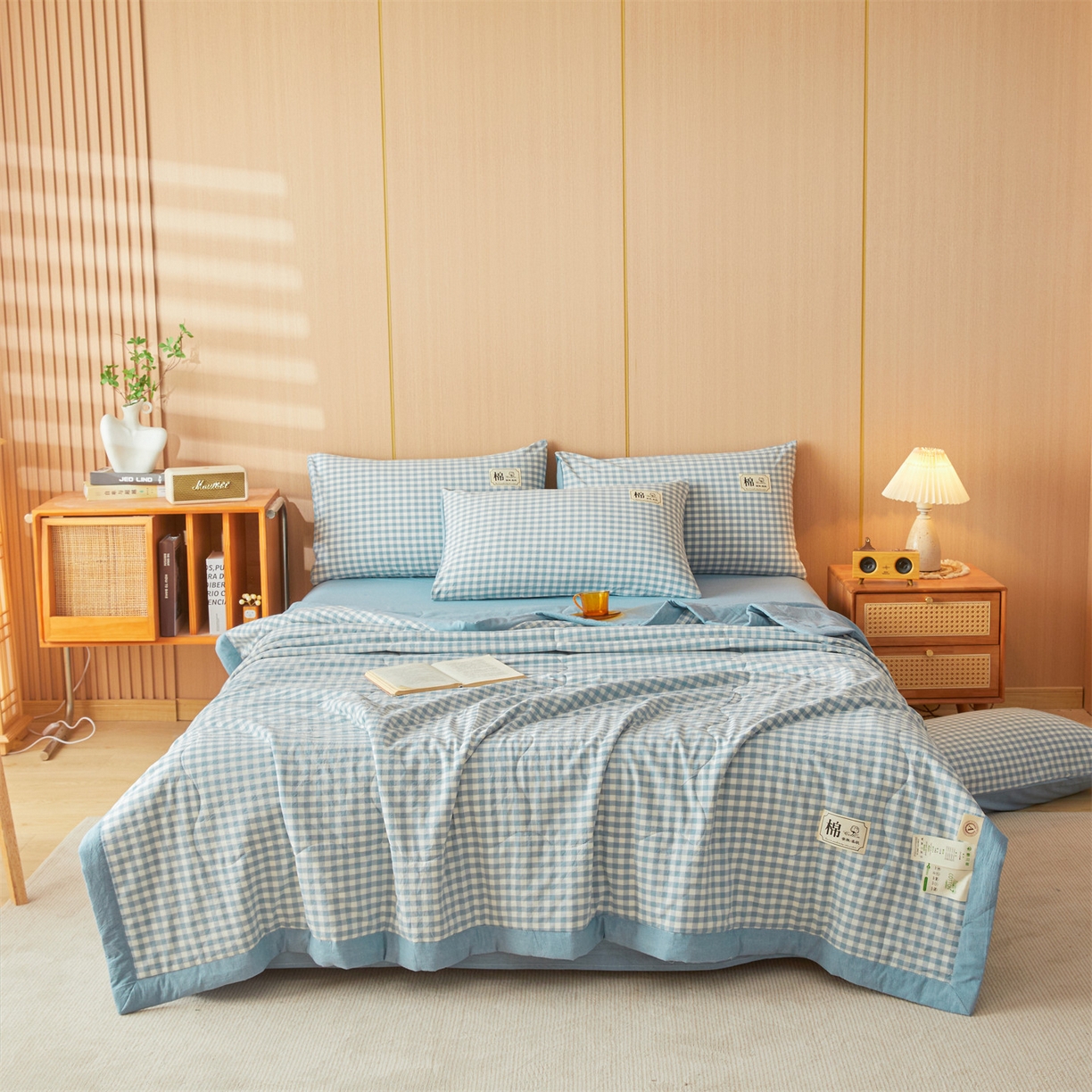 招财星 2026新款国标无印风纯色100%新疆棉夏被夏凉被空调被棉花夏被棉花被子被芯爆款（含质检报告买家秀包检测） 蓝小格