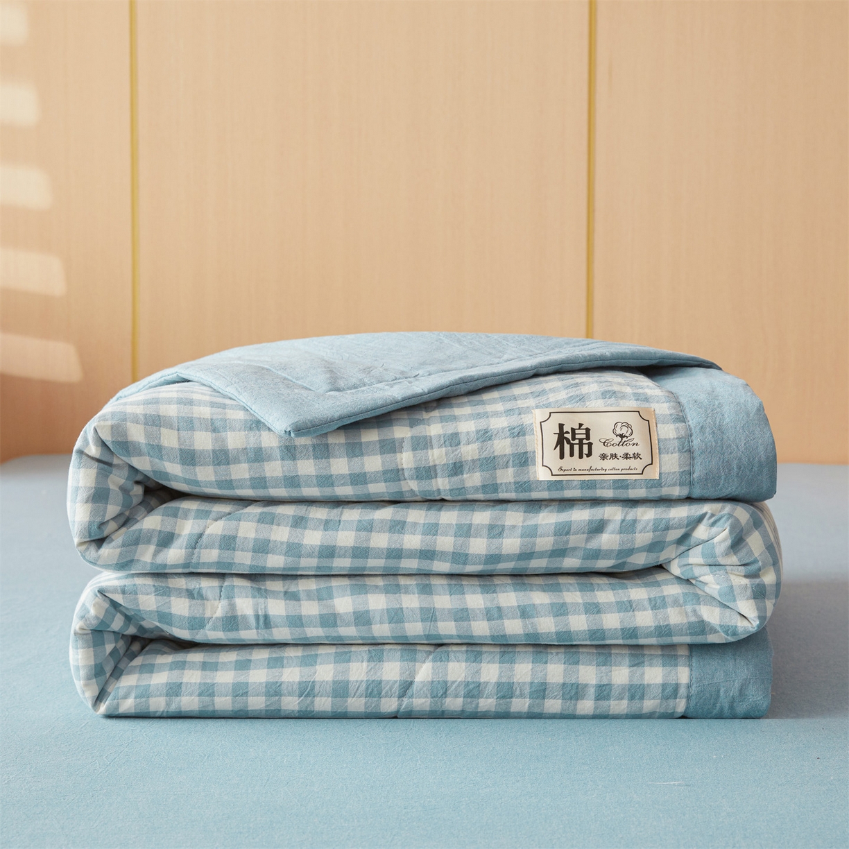 91家纺网 家纺一手货源 找家纺 招财星 2026新款国标无印风纯色100%新疆棉夏被夏凉被空调被棉花夏被棉花被子被芯爆款（含质检报告买家秀包检测） 蓝小格