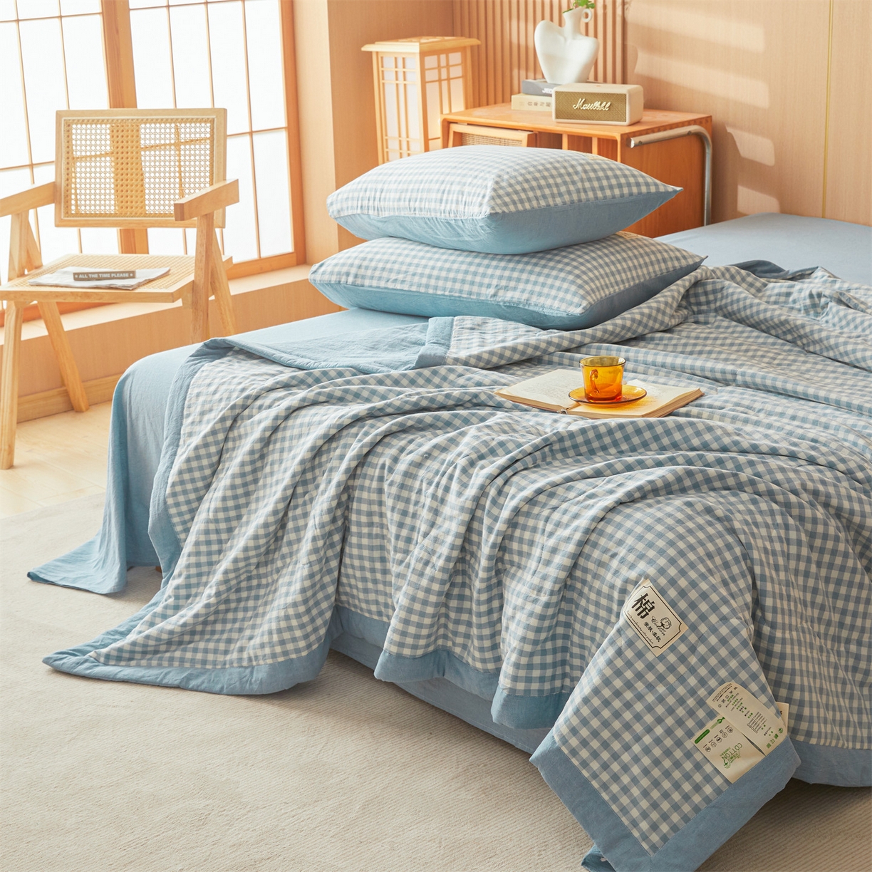 91家纺网 家纺一手货源 找家纺 招财星 2026新款国标无印风纯色100%新疆棉夏被夏凉被空调被棉花夏被棉花被子被芯爆款（含质检报告买家秀包检测） 蓝小格