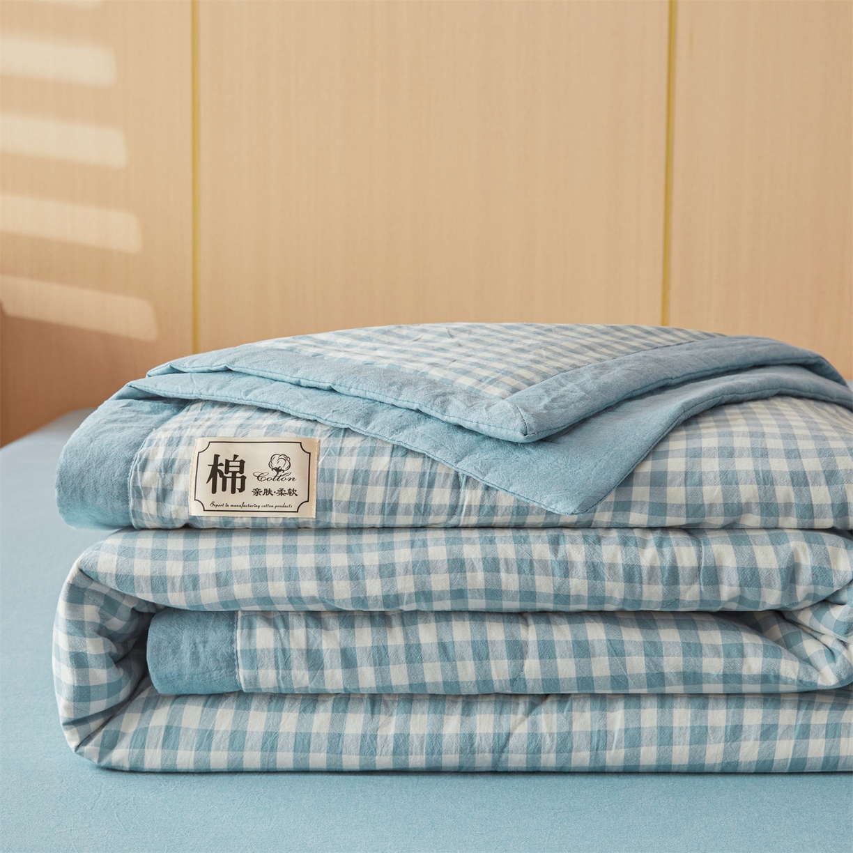 91家纺网 家纺一手货源 找家纺 招财星 2026新款国标无印风纯色100%新疆棉夏被夏凉被空调被棉花夏被棉花被子被芯爆款（含质检报告买家秀包检测） 蓝小格