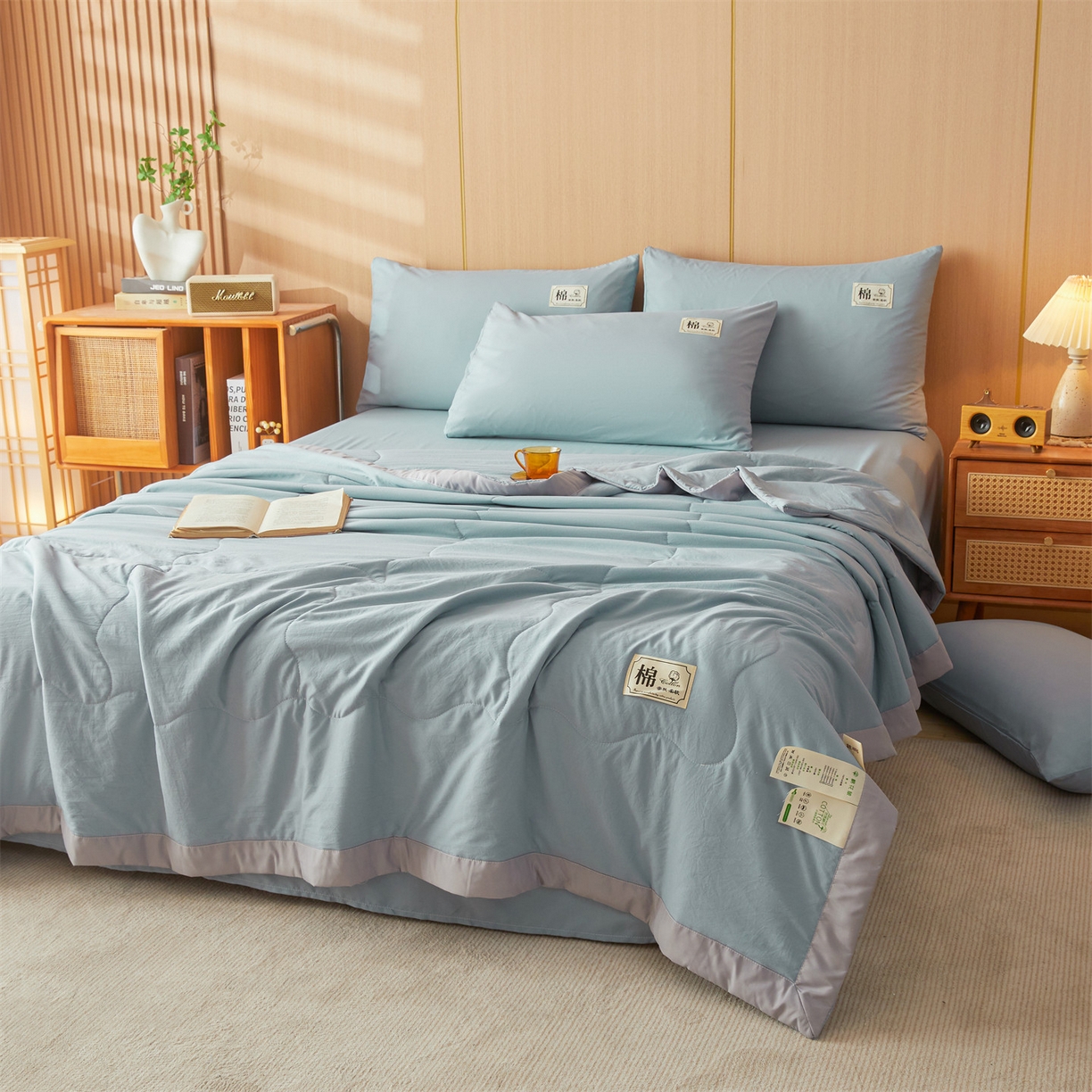 91家纺网 家纺一手货源 找家纺 招财星 2026新款国标无印风纯色100%新疆棉夏被夏凉被空调被棉花夏被棉花被子被芯爆款（含质检报告买家秀包检测） 清新蓝