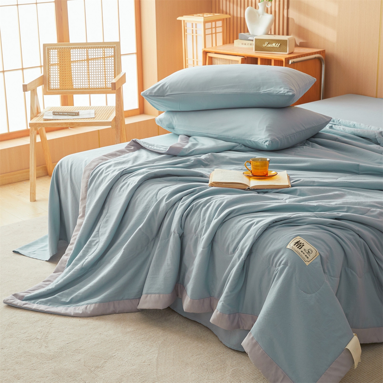 91家纺网 家纺一手货源 找家纺 招财星 2026新款国标无印风纯色100%新疆棉夏被夏凉被空调被棉花夏被棉花被子被芯爆款（含质检报告买家秀包检测） 清新蓝