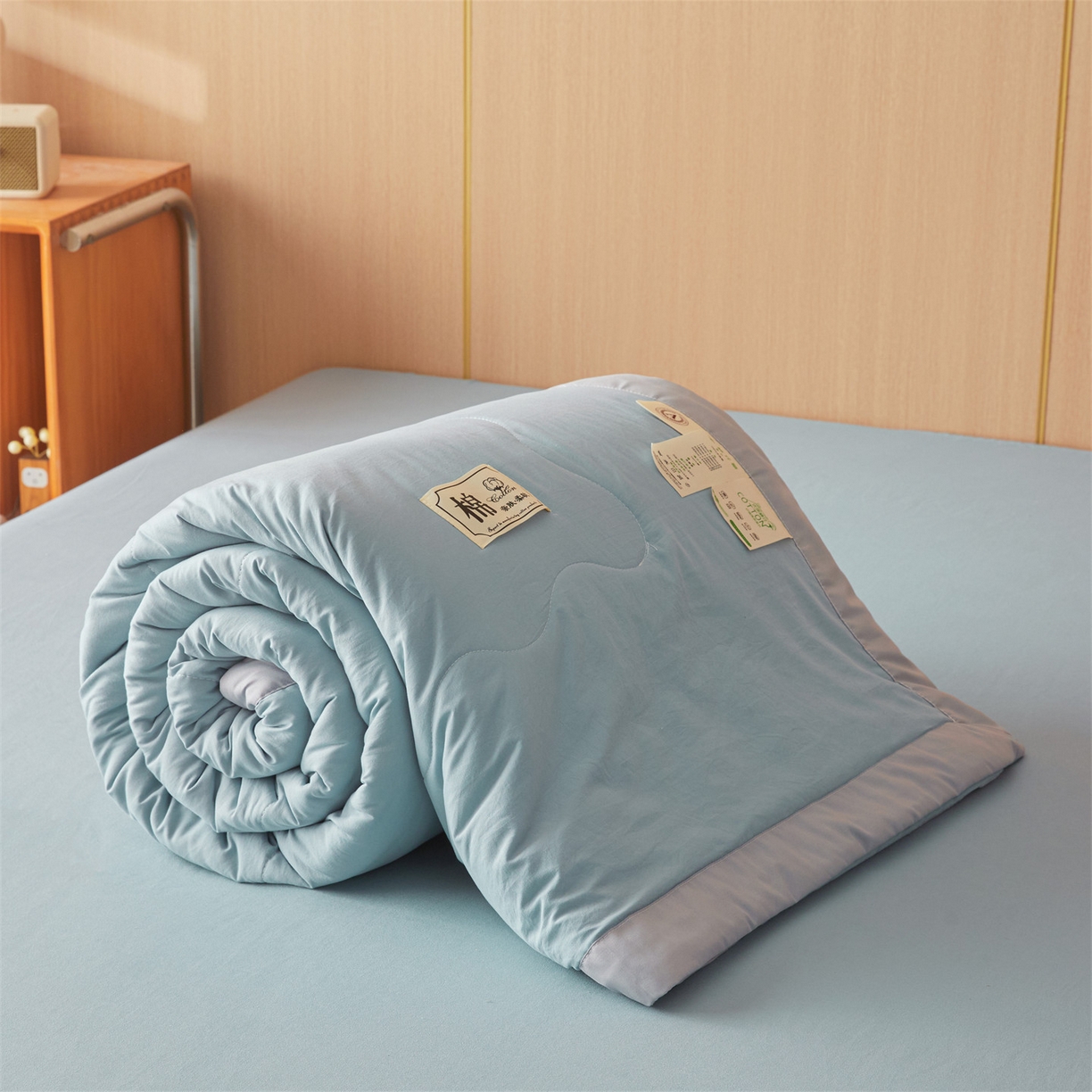 91家纺网 家纺一手货源 找家纺 招财星 2026新款国标无印风纯色100%新疆棉夏被夏凉被空调被棉花夏被棉花被子被芯爆款（含质检报告买家秀包检测） 清新蓝