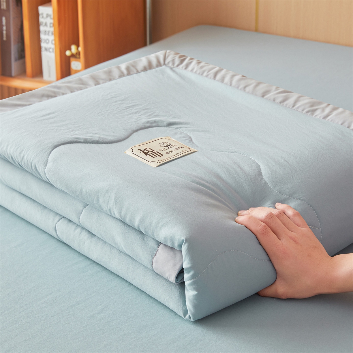 91家纺网 家纺一手货源 找家纺 招财星 2026新款国标无印风纯色100%新疆棉夏被夏凉被空调被棉花夏被棉花被子被芯爆款（含质检报告买家秀包检测） 清新蓝