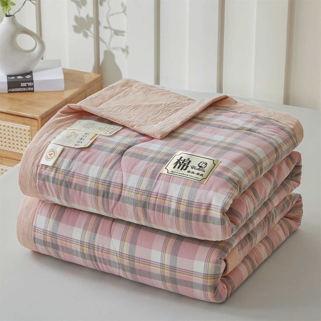 91家纺网 家纺一手货源 找家纺 招财星 2026新款国标无印风纯色100%新疆棉夏被夏凉被空调被棉花夏被棉花被子被芯爆款（含质检报告买家秀包检测） 雾粉格