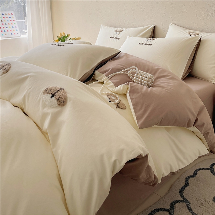 91家纺网 家纺一手货源 找家纺 琪格格纺织 2026新款卡通13372全棉纯棉毛巾绣四件套 hello汪星人-奶咖