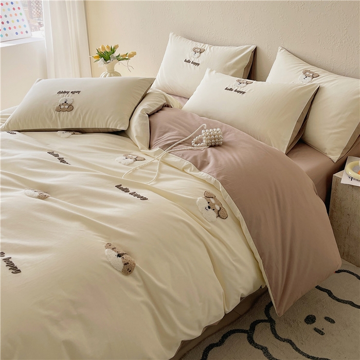 91家纺网 家纺一手货源 找家纺 琪格格纺织 2026新款卡通13372全棉纯棉毛巾绣四件套 hello汪星人-奶咖