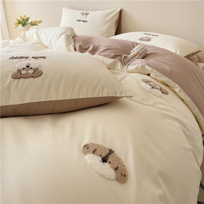 91家纺网 家纺一手货源 找家纺 琪格格纺织 2026新款卡通13372全棉纯棉毛巾绣四件套 hello汪星人-奶咖