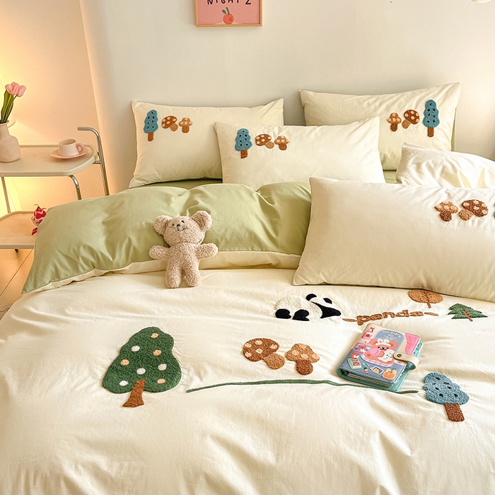 琪格格纺织 2026新款卡通13372全棉纯棉毛巾绣四件套 森林熊猫