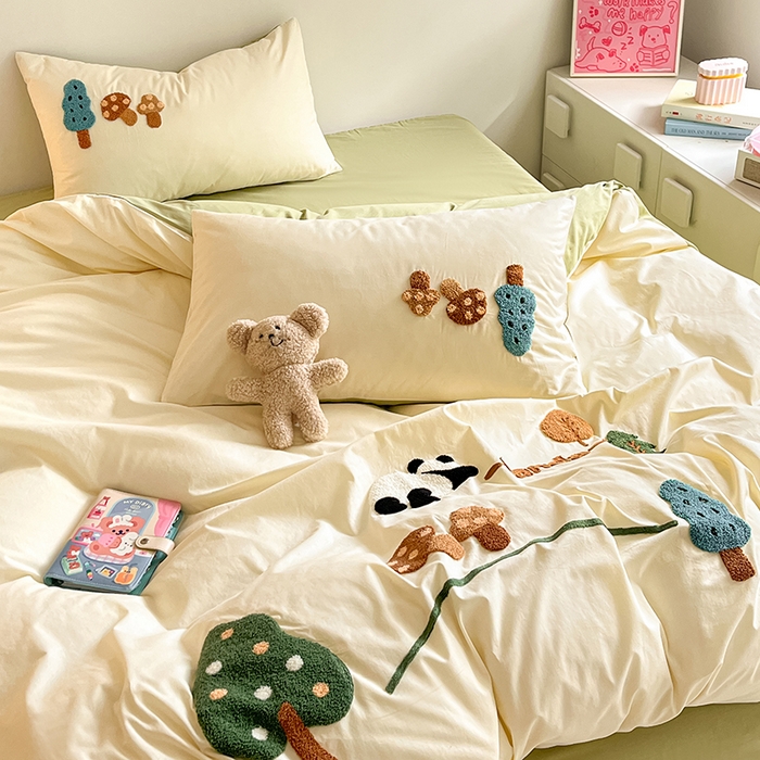 91家纺网 家纺一手货源 找家纺 琪格格纺织 2026新款卡通13372全棉纯棉毛巾绣四件套 森林熊猫