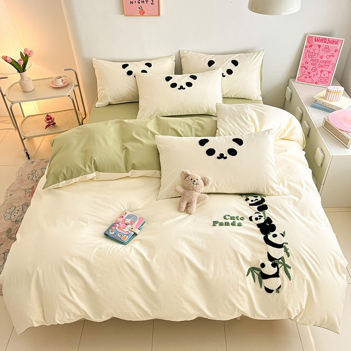 91家纺网 家纺一手货源 找家纺 琪格格纺织 2026新款卡通13372全棉纯棉毛巾绣四件套 熊猫爬树