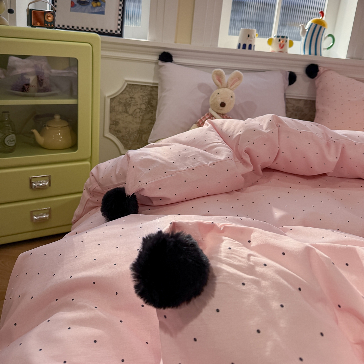 91家纺网 家纺一手货源 找家纺 慕尚家纺 2026新款全棉纯棉水洗带球工艺四件套 波点粉