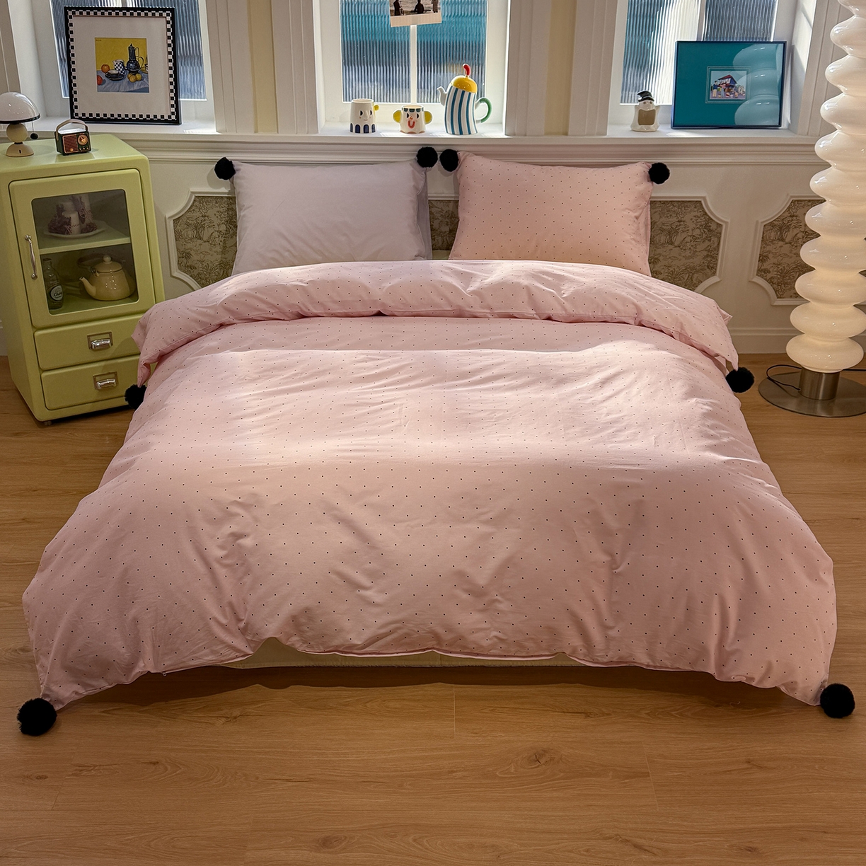 91家纺网 家纺一手货源 找家纺 慕尚家纺 2026新款全棉纯棉水洗带球工艺四件套 波点粉