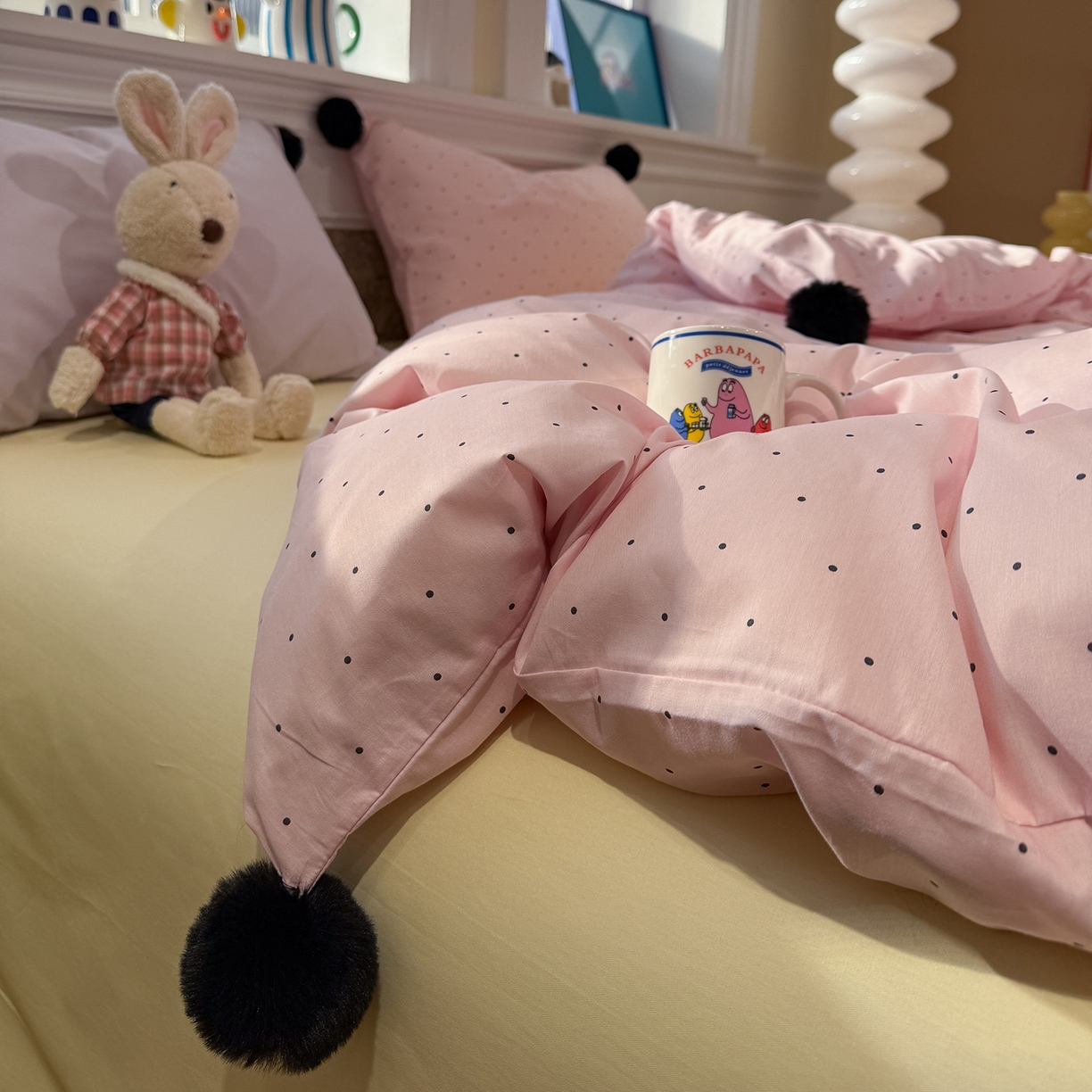 91家纺网 家纺一手货源 找家纺 慕尚家纺 2026新款全棉纯棉水洗带球工艺四件套 波点粉