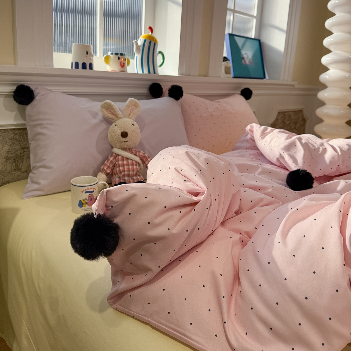 91家纺网 家纺一手货源 找家纺 慕尚家纺 2026新款全棉纯棉水洗带球工艺四件套 波点粉