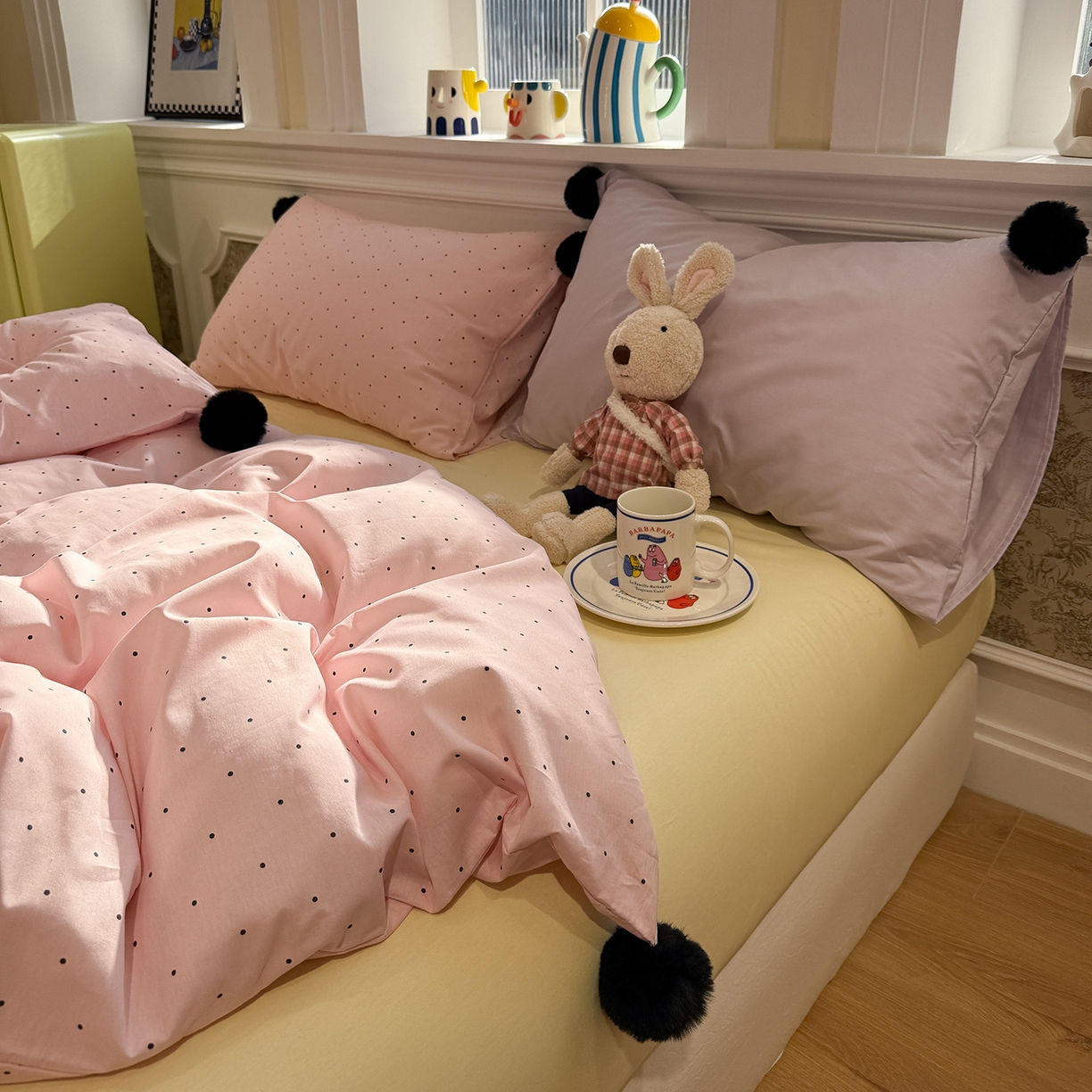 91家纺网 家纺一手货源 找家纺 慕尚家纺 2026新款全棉纯棉水洗带球工艺四件套 波点粉