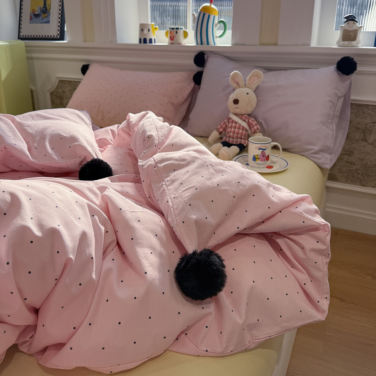 91家纺网 家纺一手货源 找家纺 慕尚家纺 2026新款全棉纯棉水洗带球工艺四件套 波点粉