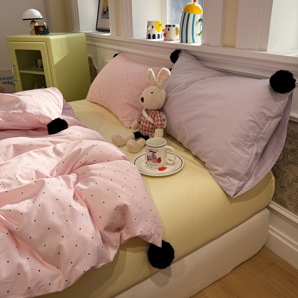 91家纺网 家纺一手货源 找家纺 慕尚家纺 2026新款全棉纯棉水洗带球工艺四件套 波点粉