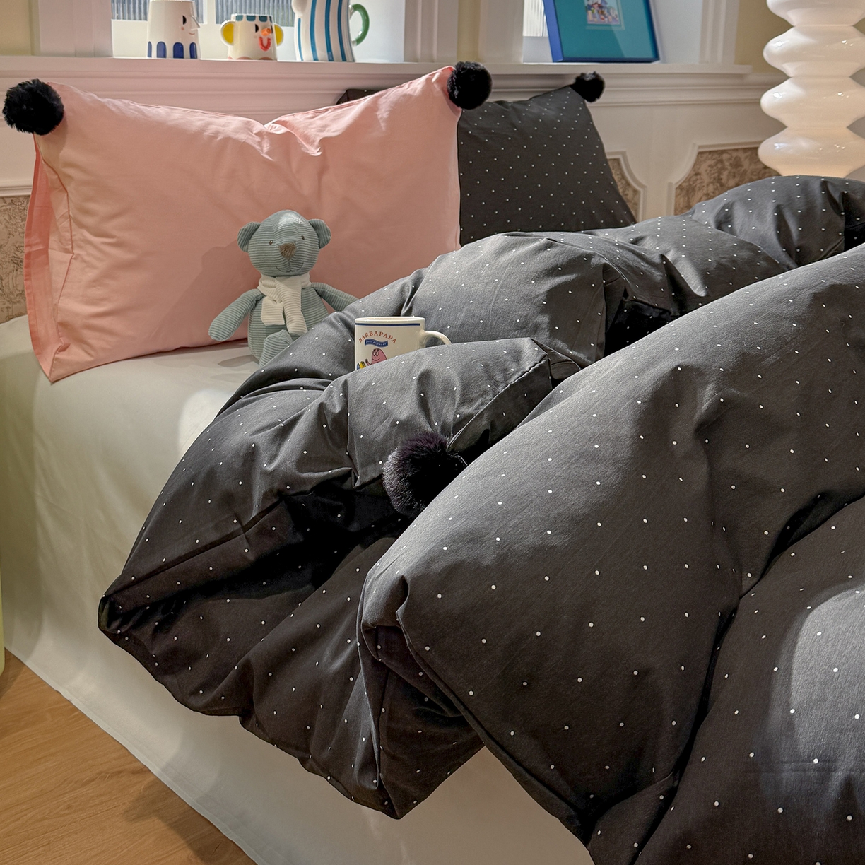 慕尚家纺 2026新款全棉纯棉水洗带球工艺四件套 波点黑