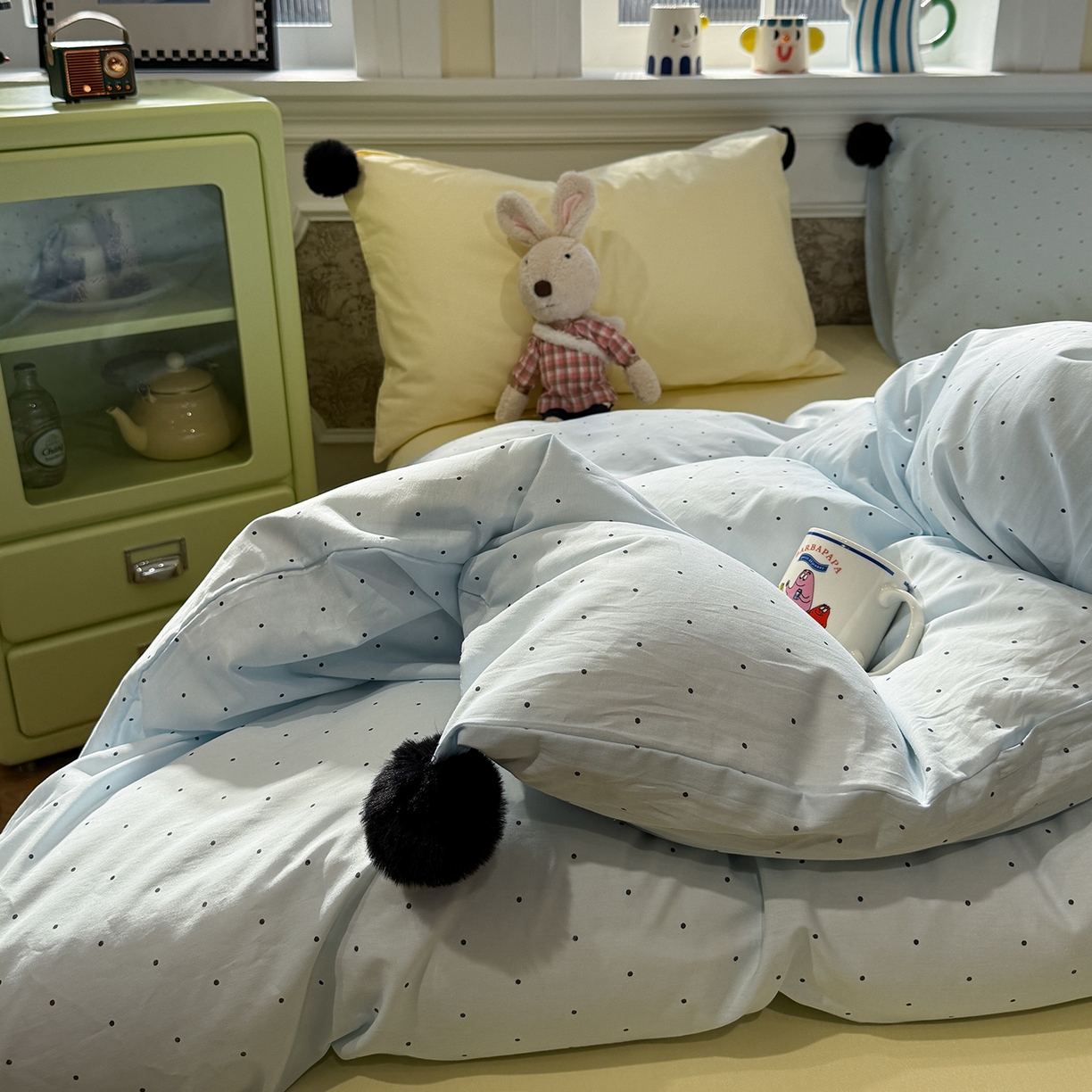 91家纺网 家纺一手货源 找家纺 慕尚家纺 2026新款全棉纯棉水洗带球工艺四件套 波点蓝