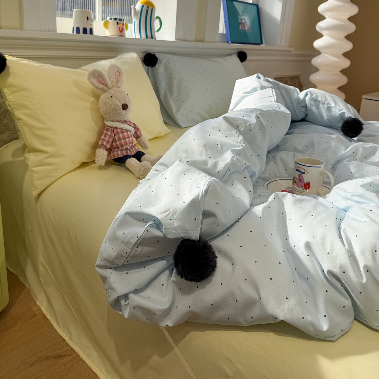 91家纺网 家纺一手货源 找家纺 慕尚家纺 2026新款全棉纯棉水洗带球工艺四件套 波点蓝