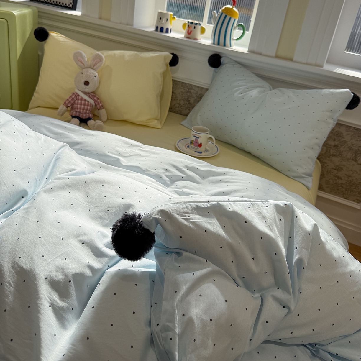 91家纺网 家纺一手货源 找家纺 慕尚家纺 2026新款全棉纯棉水洗带球工艺四件套 波点蓝