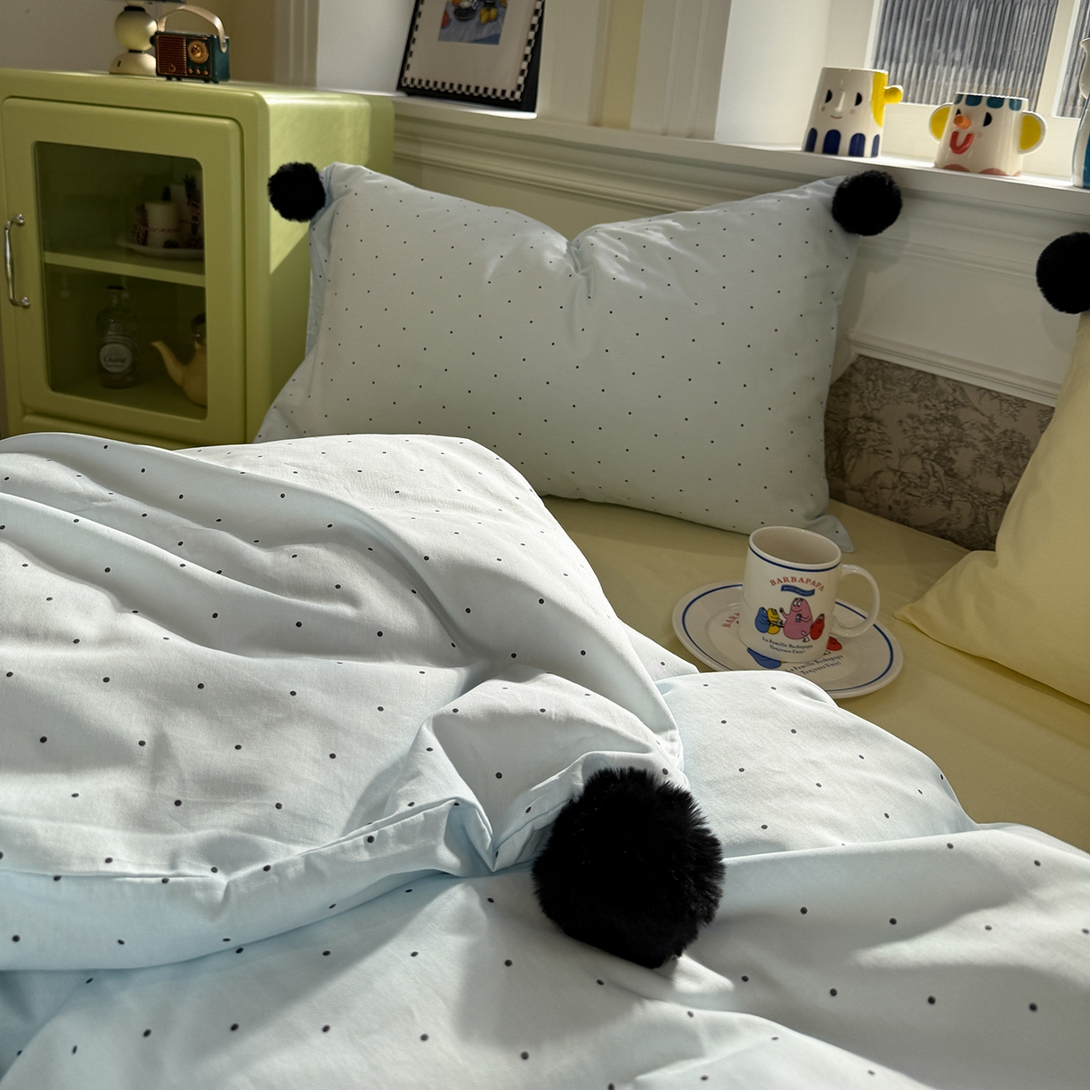 91家纺网 家纺一手货源 找家纺 慕尚家纺 2026新款全棉纯棉水洗带球工艺四件套 波点蓝