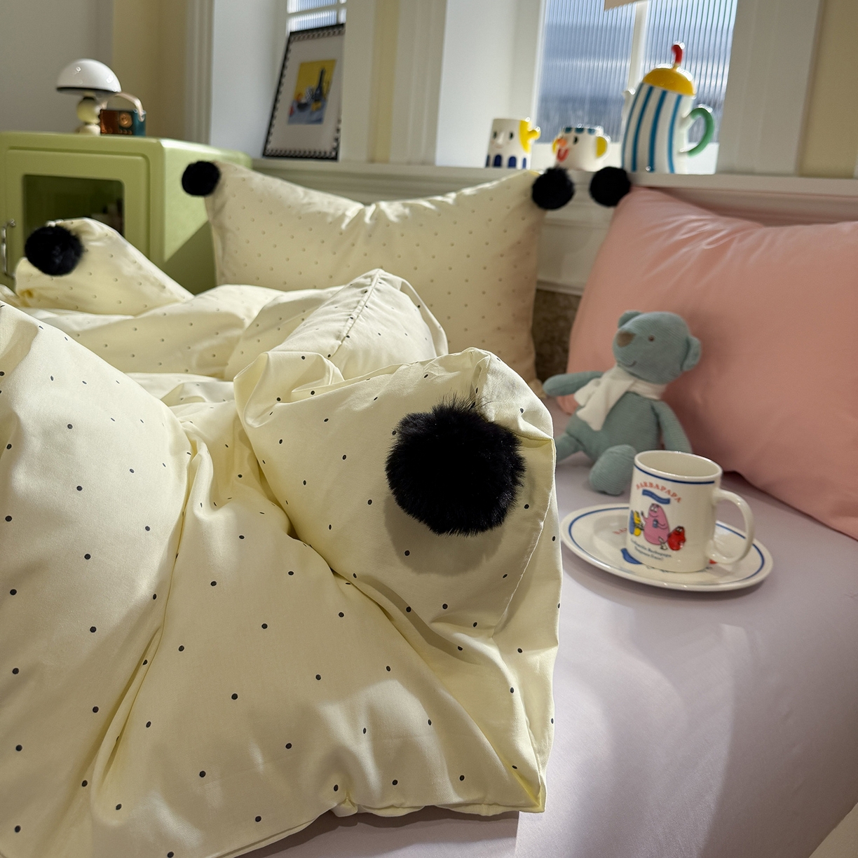 91家纺网 家纺一手货源 找家纺 慕尚家纺 2026新款全棉纯棉水洗带球工艺四件套 波点米白