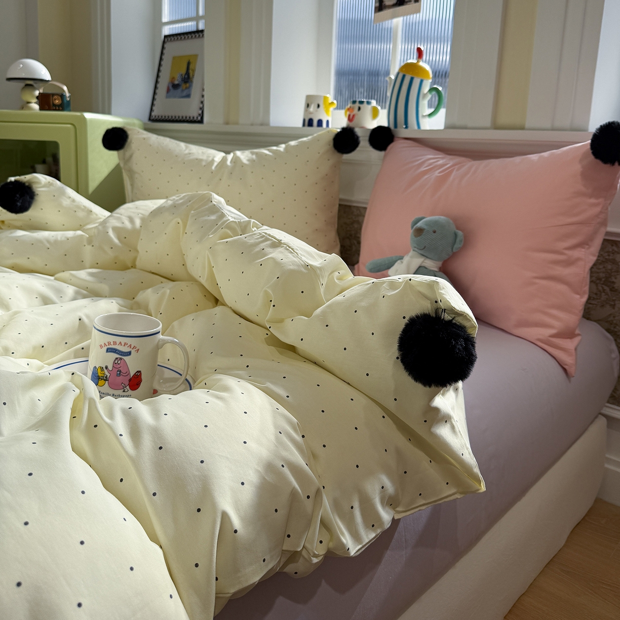 91家纺网 家纺一手货源 找家纺 慕尚家纺 2026新款全棉纯棉水洗带球工艺四件套 波点米白