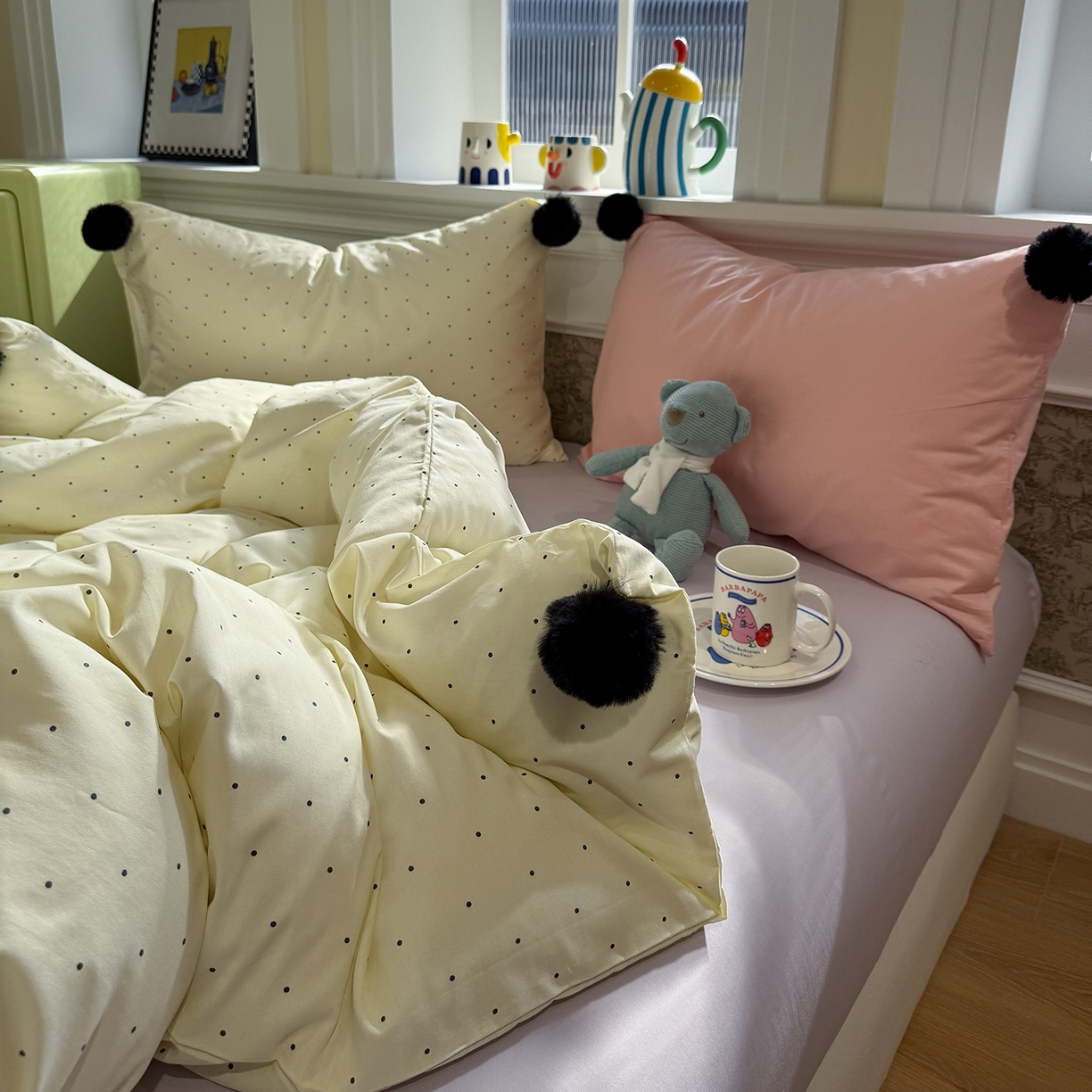 91家纺网 家纺一手货源 找家纺 慕尚家纺 2026新款全棉纯棉水洗带球工艺四件套 波点米白