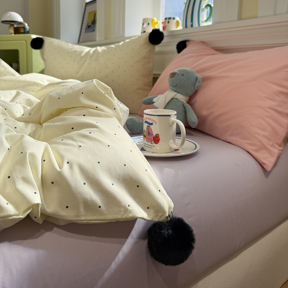 91家纺网 家纺一手货源 找家纺 慕尚家纺 2026新款全棉纯棉水洗带球工艺四件套 波点米白