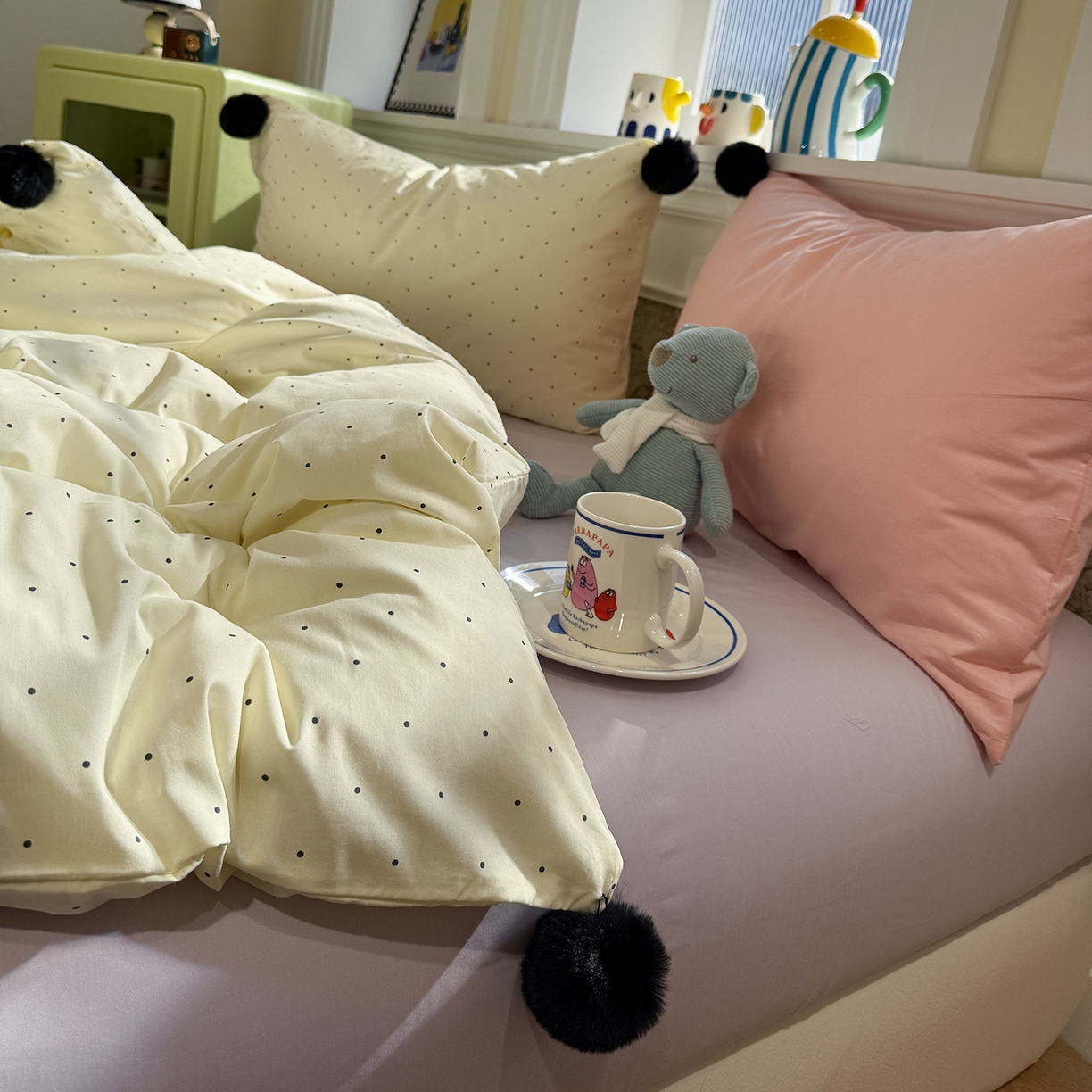 91家纺网 家纺一手货源 找家纺 慕尚家纺 2026新款全棉纯棉水洗带球工艺四件套 波点米白