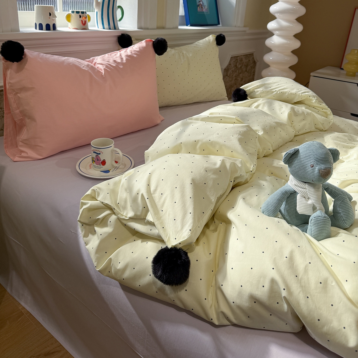 91家纺网 家纺一手货源 找家纺 慕尚家纺 2026新款全棉纯棉水洗带球工艺四件套 波点米白