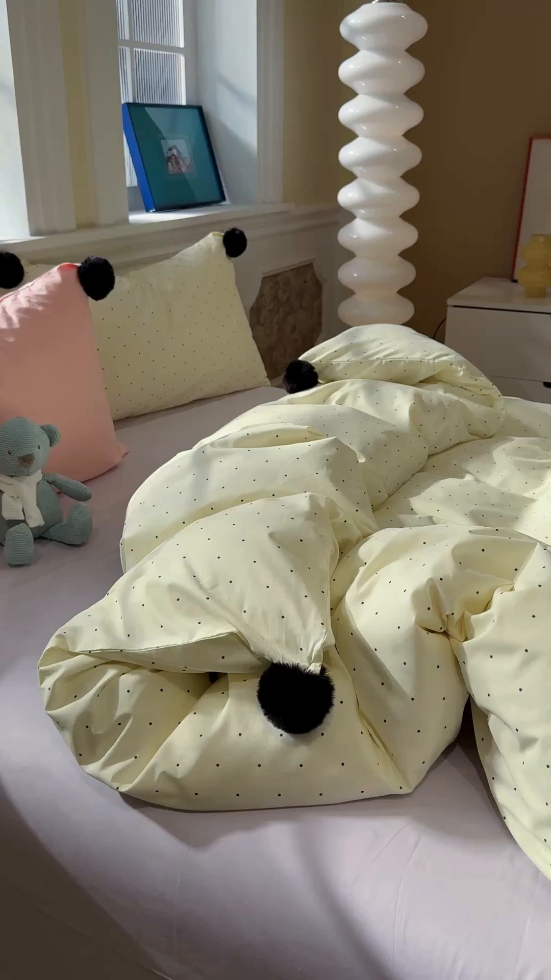 91家纺网 家纺一手货源 找家纺 慕尚家纺 2026新款全棉纯棉水洗带球工艺四件套 波点米白