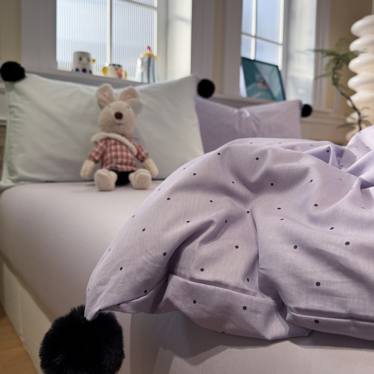 91家纺网 家纺一手货源 找家纺 慕尚家纺 2026新款全棉纯棉水洗带球工艺四件套 波点紫