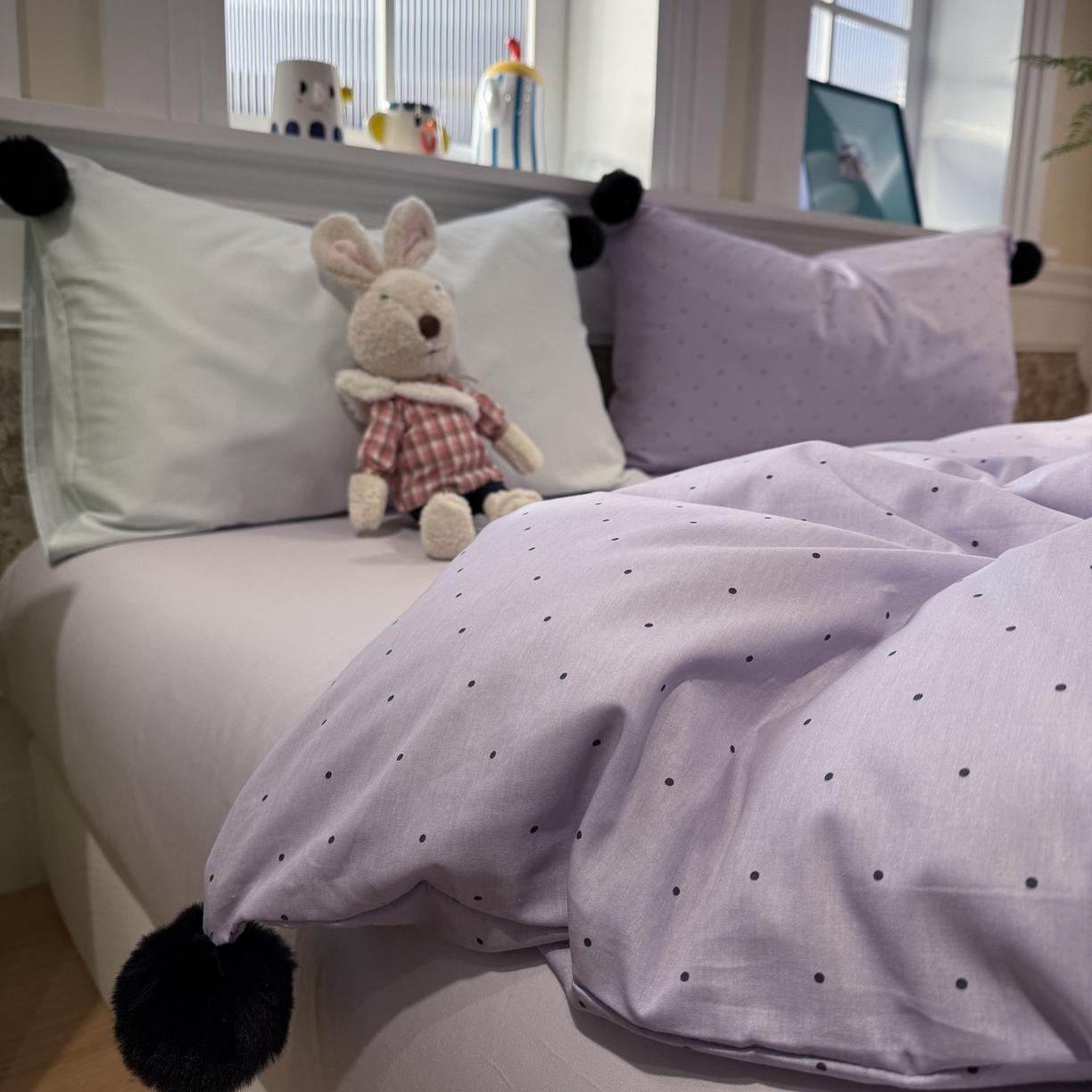 91家纺网 家纺一手货源 找家纺 慕尚家纺 2026新款全棉纯棉水洗带球工艺四件套 波点紫