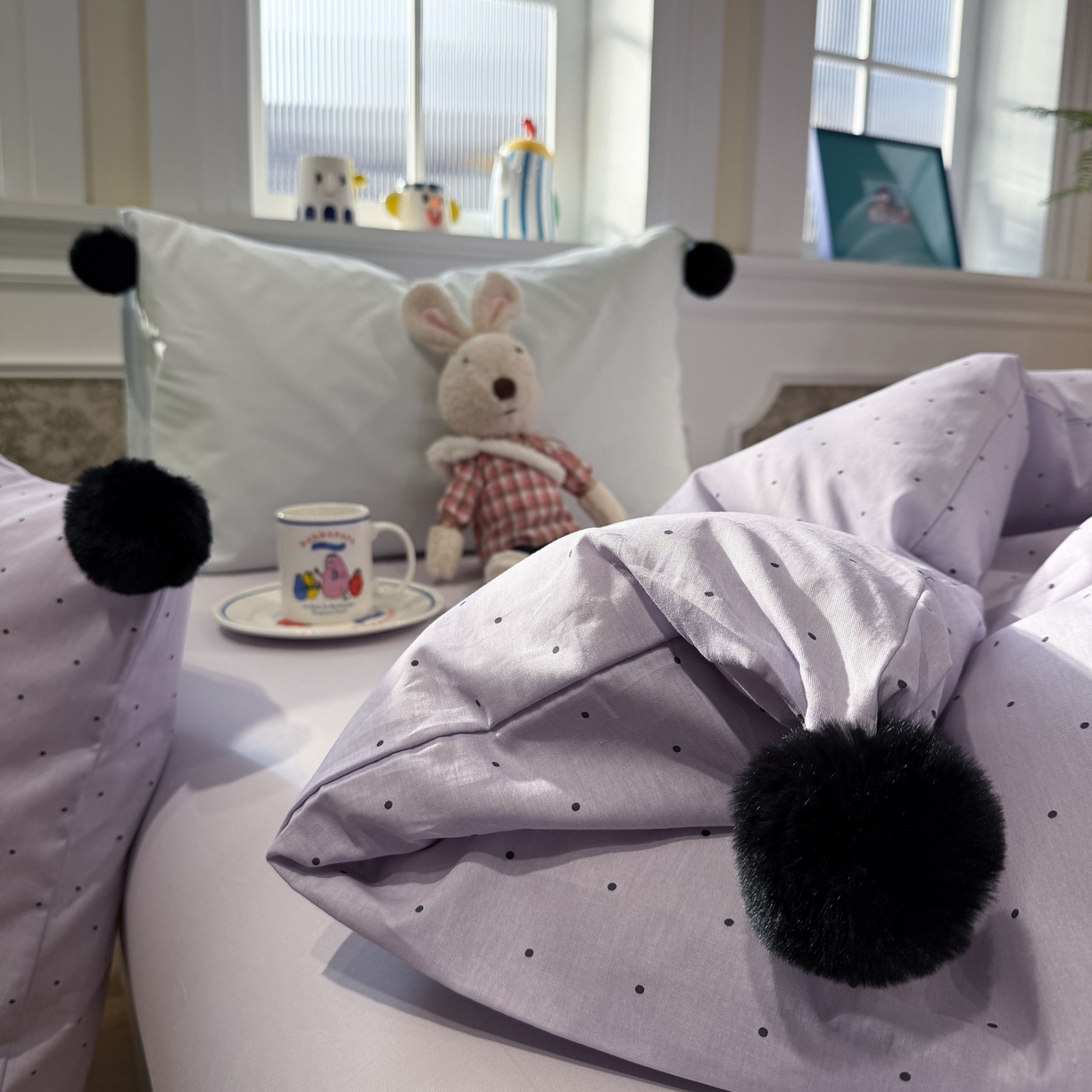 91家纺网 家纺一手货源 找家纺 慕尚家纺 2026新款全棉纯棉水洗带球工艺四件套 波点紫